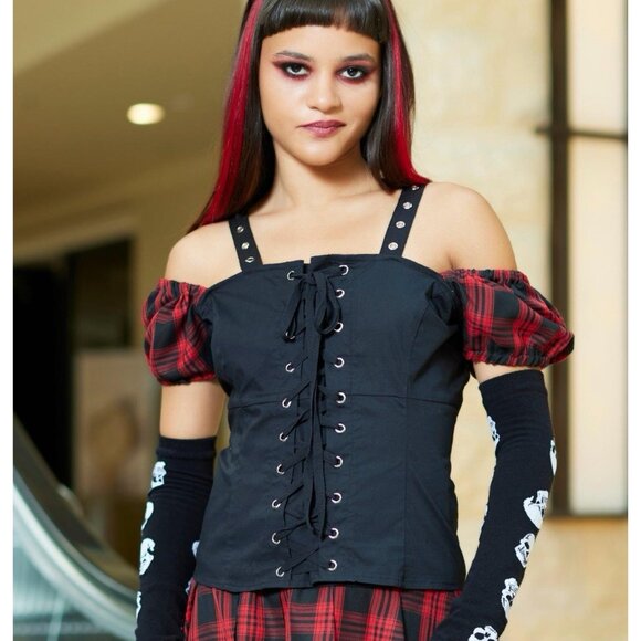 Hot Topic Black & Red Plaid Girls Woven Lace-Up Top Size Small Goth Tripp Punk - Picture 1 of 7